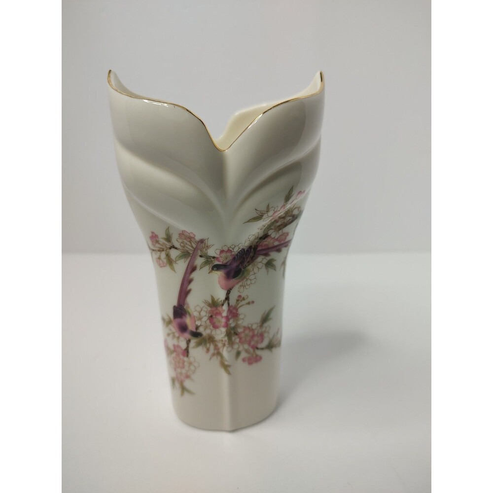 Vintage Tokyo Sakura Japan Porcelain Vase Purple Birds Cherry Blossom Gold Trim